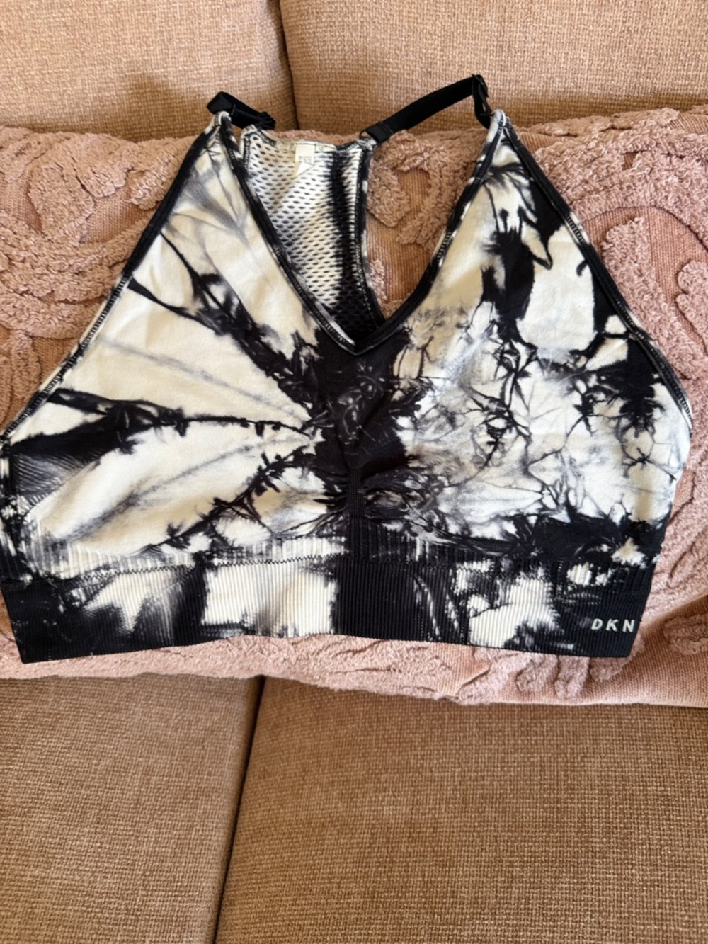 DKNY Black & White Tie-Dye V-Neck Sports Bra